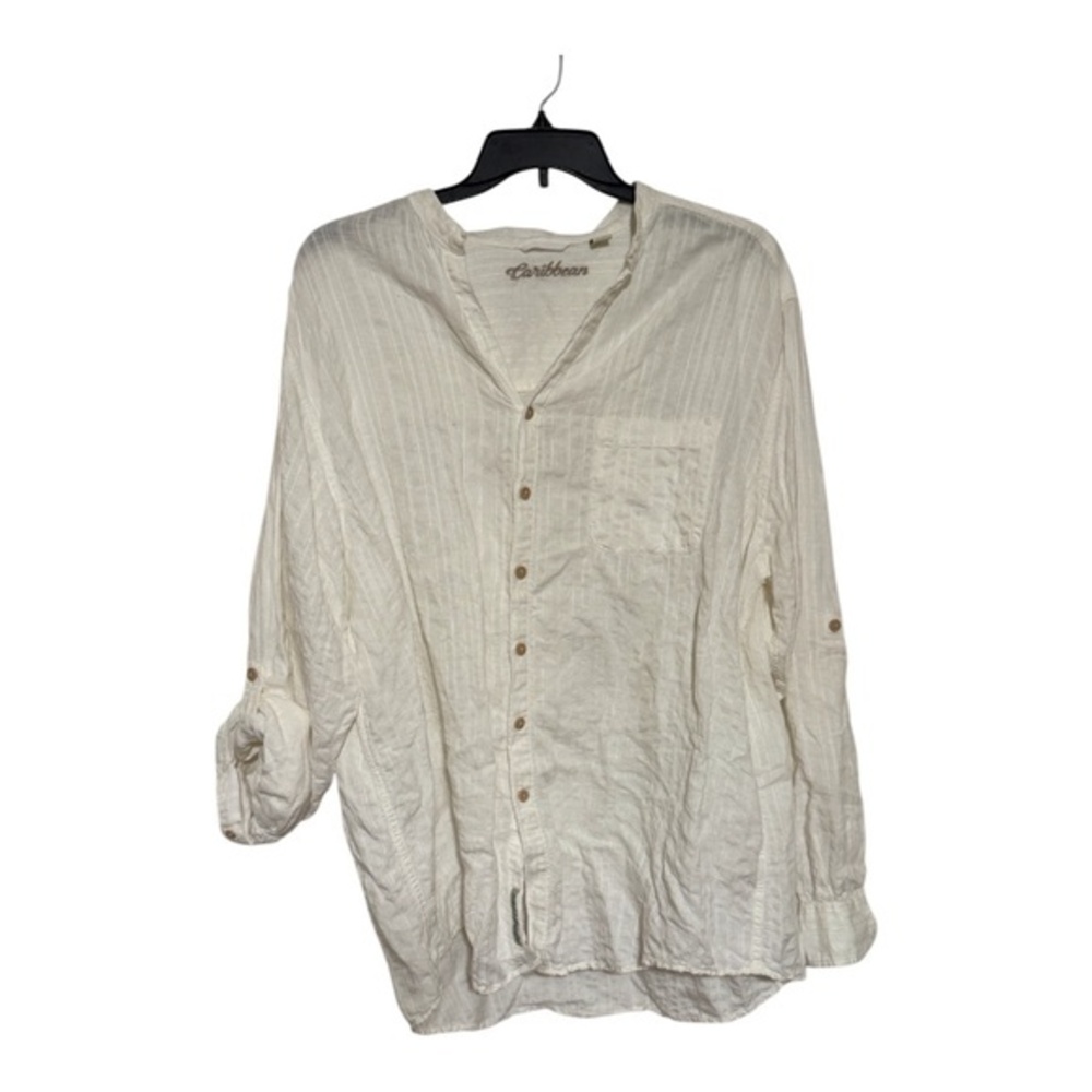 Carribean Mens Collarless Button Down Shirt Linen Rayon Long Sleeve Size XLT